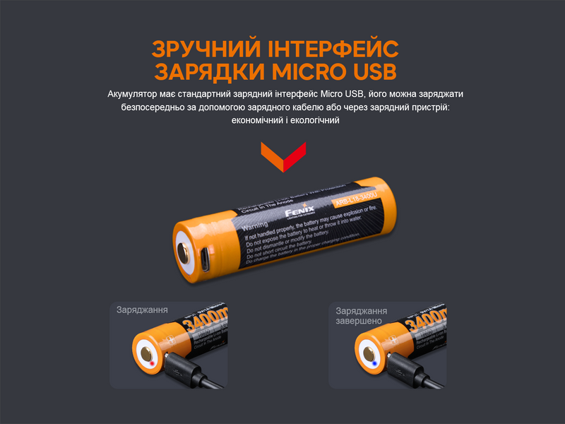 Акумулятор 18650 Fenix (3400 mAh) micro usb зарядка 63320 фото