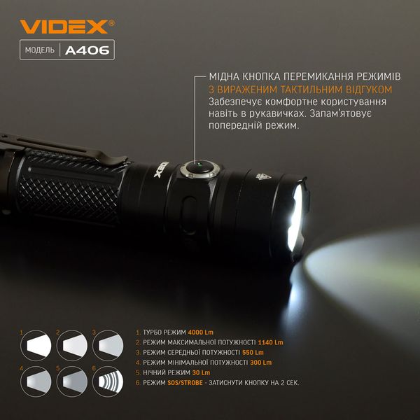 Портативний світлодіодний ліхтарик VIDEX VLF-A406 4000Lm 6500K VLF-A406 фото