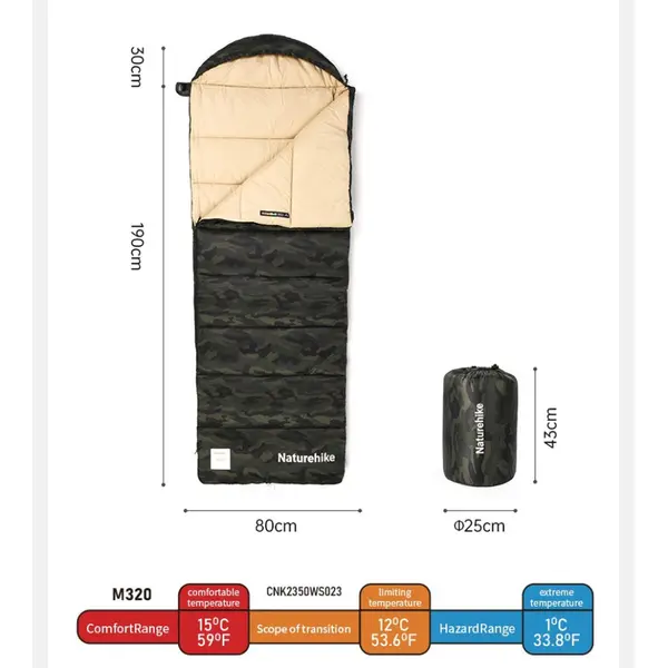 Спальный мешок с капюшоном Naturehike M320 CNK2350WS023, зеленый камуфляж, правый