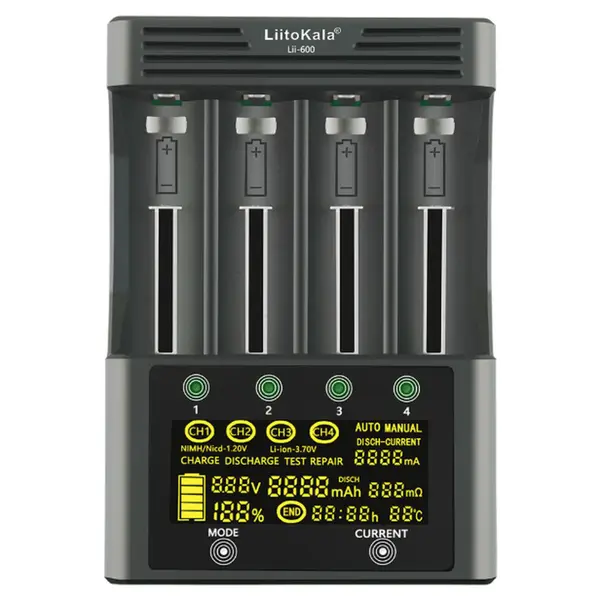 Універсальний інтелектуальний зарядний пристрій LiitoKala Lii-600 EU для акумуляторів + автомобільний кабель