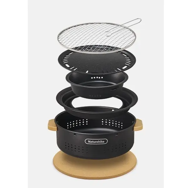 Настільна кругла піч із решіткою гриль та сковорідкою Naturehike CNK2550CF010, 36*32.6*12 см, хромоване залізо
