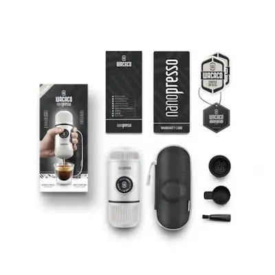 Портативна еспресо-кавоварка Wacaco Nanopresso біла з чохлом, механічна, для меленої кави