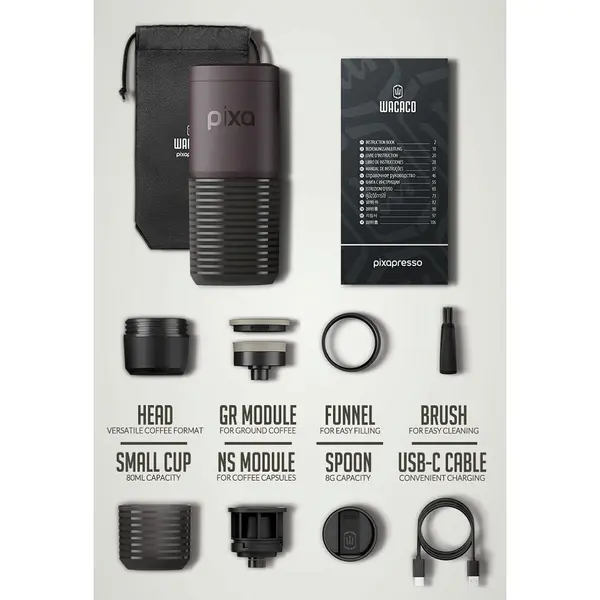 Портативна електрична еспресо-кавоварка Wacaco Pixapresso для меленої кави та капсул, темний бурґунд