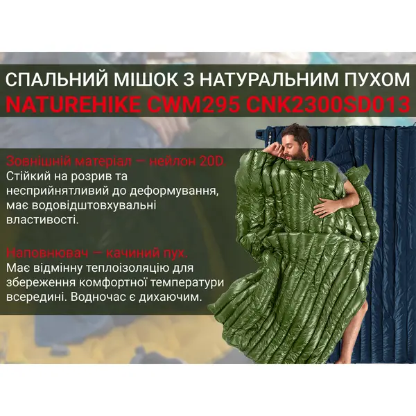Спальний мішок з натуральним пухом Naturehike CWM295 CNK2300SD013, зелений