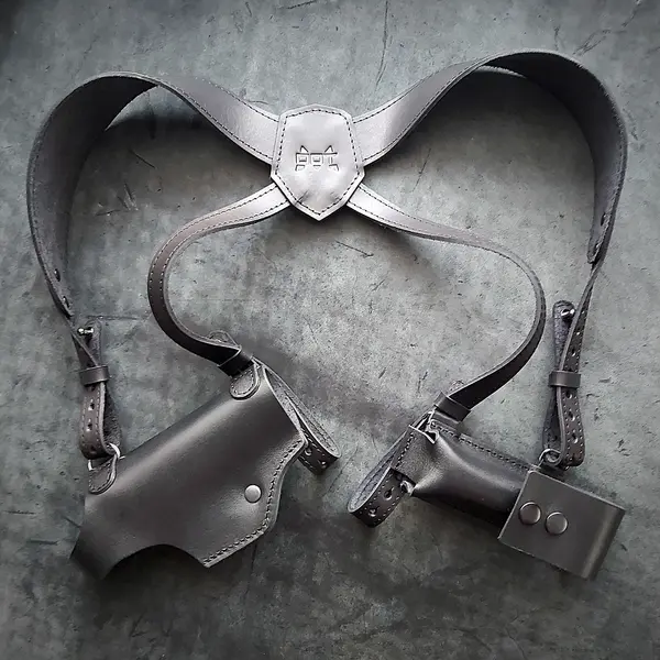 Кожаная оперативная кобура под Glock 19| с дополнительным магазином| чёрная