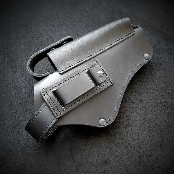 Кобура поясная, кожаная, для левши (под АПС) черная, на скобе