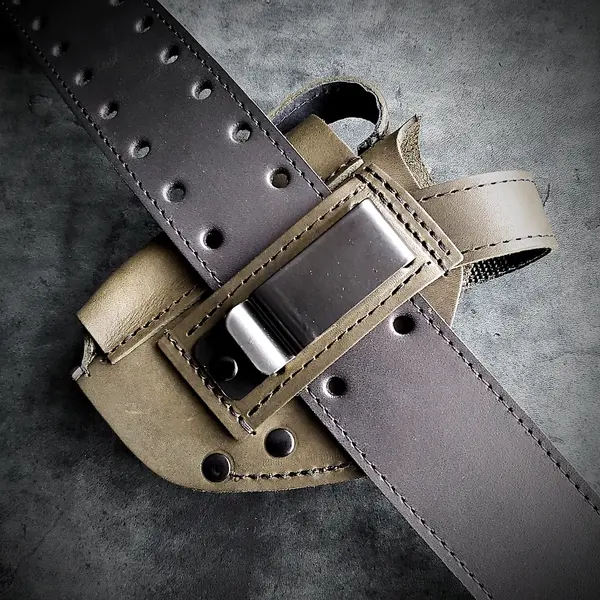 Кожаная кобура поясная под ПМ| на скобе, темная олива (olive power)