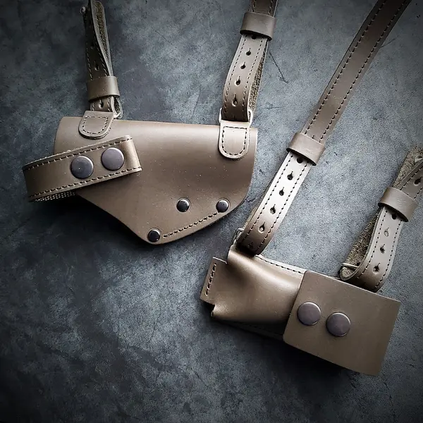 Оперативная кобура под ПМ с дополнительным магазином| кожаная| олива