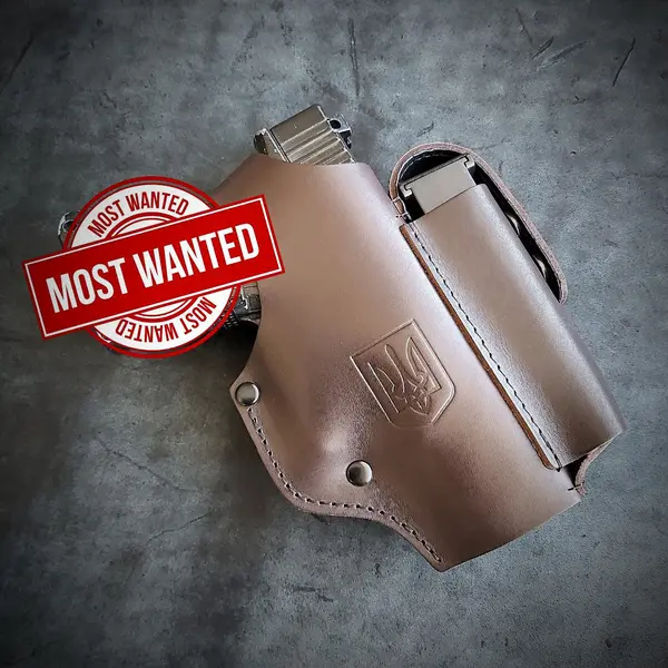 Кожаная кобура поясная под Glock 19| коричневая с гербом Украины