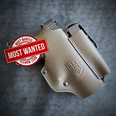 Шкіряна кобура поясна під Glock 19 | колір олива з гербом України