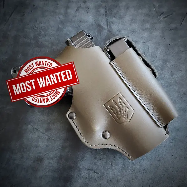 Кожаная кобура поясная под Glock 19| цвет олива с гербом Украины