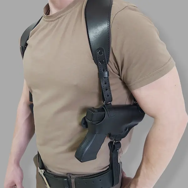 Кожаная оперативная кобура под Glock 19| с двумя магазинами| чёрная