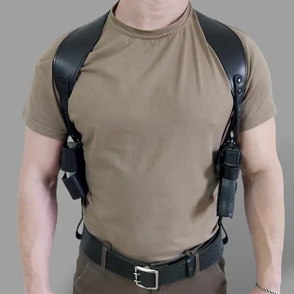 Кожаная оперативная кобура под Glock 19| с двумя магазинами| чёрная