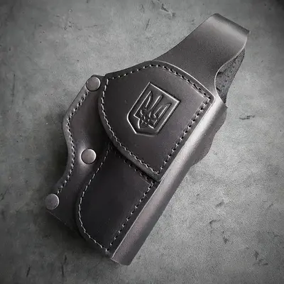 Шкіряна кобура поясна під HK VP9 | чорна з гербом України
