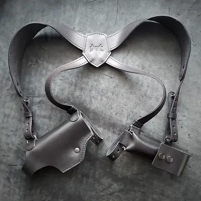 Кожаная оперативная кобура под Glock 19| с дополнительным магазином| чёрная