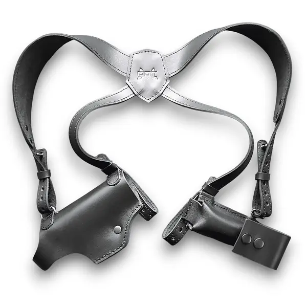 Кожаная оперативная кобура под Glock 19| с дополнительным магазином| чёрная