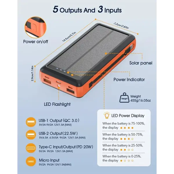 Зарядное устройство на солнечных батареях Powerbank 619S 20000mAh с фонариком и быстрой зарядкой