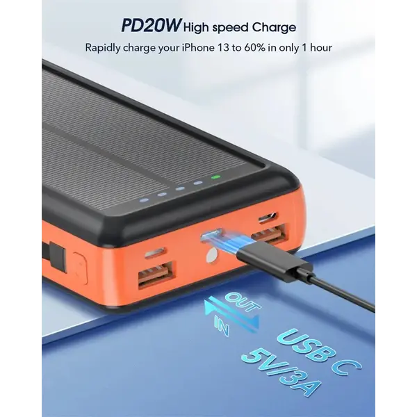 Зарядное устройство на солнечных батареях Powerbank 619S 20000mAh с фонариком и быстрой зарядкой