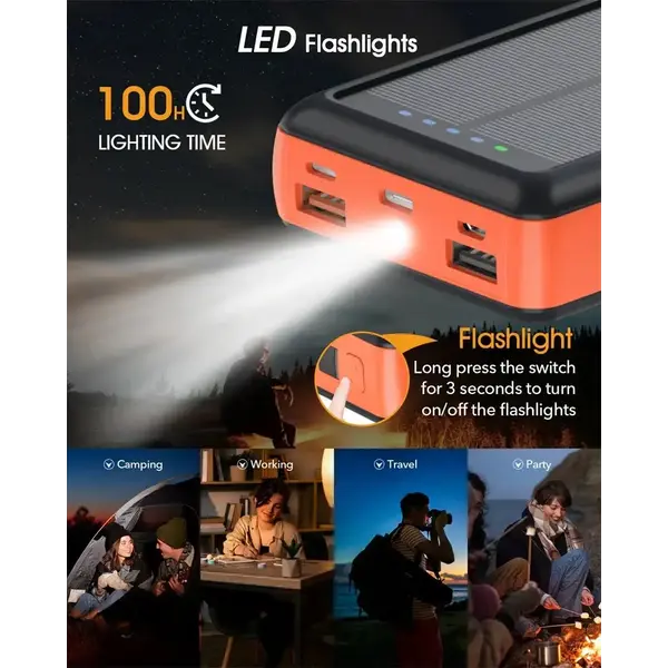 Зарядное устройство на солнечных батареях Powerbank 619S 20000mAh с фонариком и быстрой зарядкой