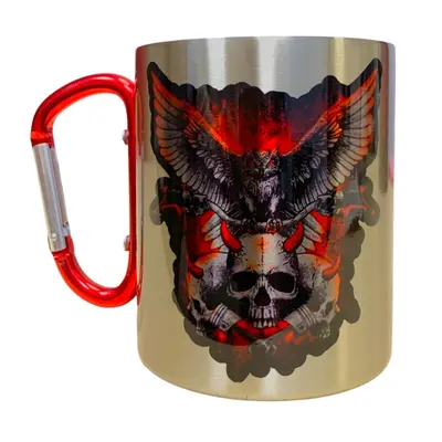 Кружка металева з червоним карабіном 300 мл сублімація Сова з черепом
