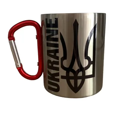 Кружка металева з червоним карабіном 300 мл сублімація UKRAINE ТРИЗУБ