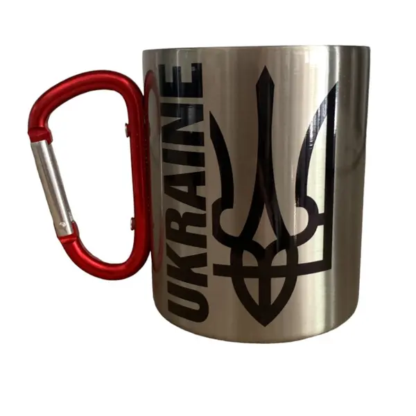 Кружка металева з червоним карабіном 300 мл сублімація UKRAINE ТРИЗУБ