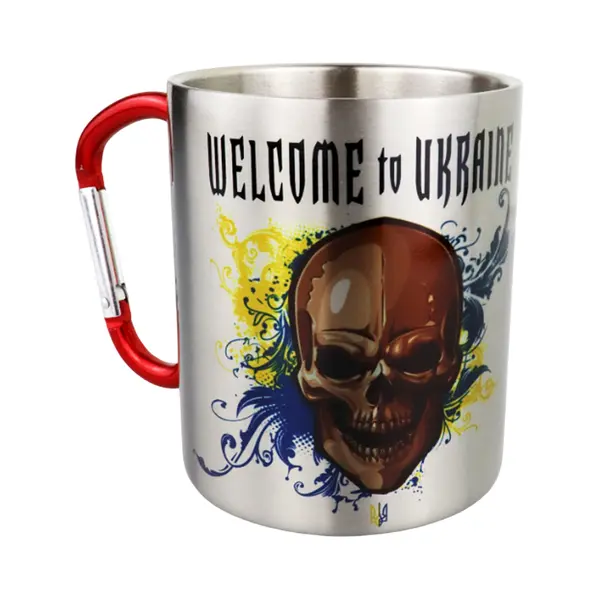 Кружка металева з червоним карабіном 300 мл сублімація Welcome to Ukraine