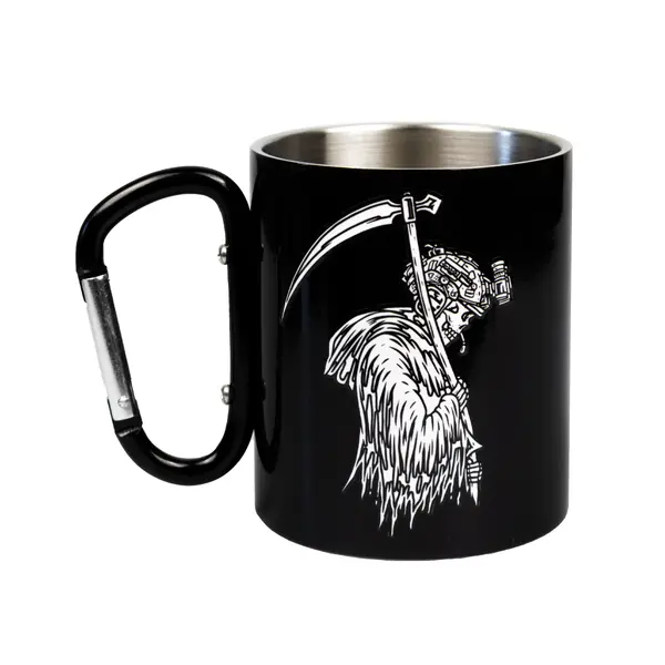 Кружка сталева з карабіном 300 мл Смерть із косою сублімація з принтом чорна