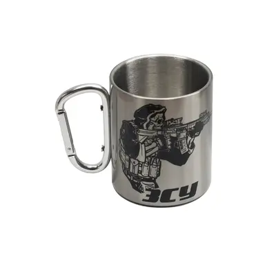 Кружка металева зі срібним карабіном Серія №78 + ЗСУ з принтом чорна