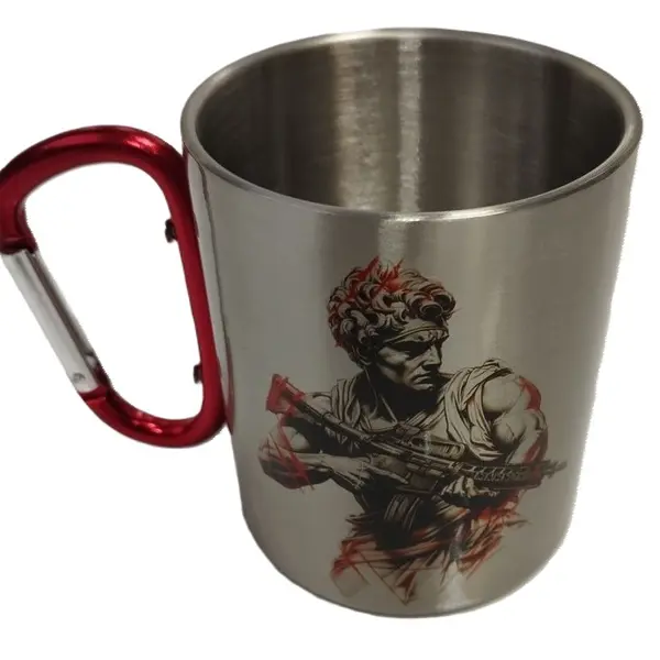 Кружка металева з червоним карабіном Серія № 88 з принтом чорна
