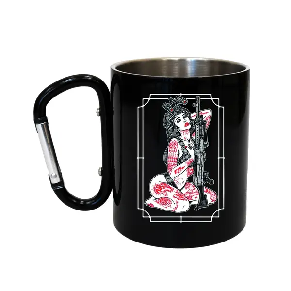 Кружка сталева з карабіном 300 мл Серія №21 з принтом чорна