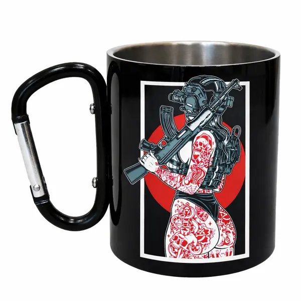 Кружка сталева з карабіном 300 мл Серія №4 з принтом чорна