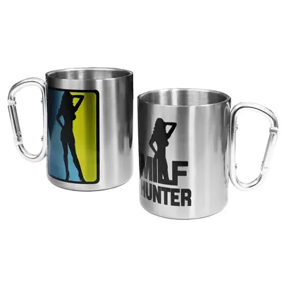 Кружка металева зі срібним карабіном 300 мл Milf Hunter (напис чорний)