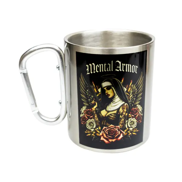 Кружка металева зі срібним карабіном Серія № 132 з принтом чорна