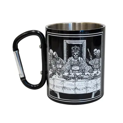 Кружка сталева з карабіном 300 мл Серія №3 з принтом чорна