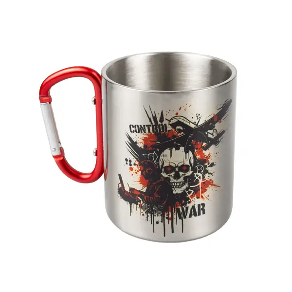 Кружка металева з червоним карабіном сублімація з принтом чорна