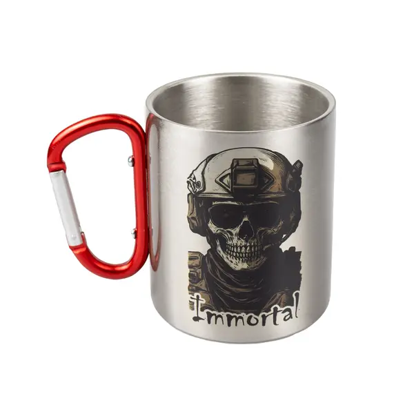 Кружка металева з червоним карабіном сублімація з принтом чорна