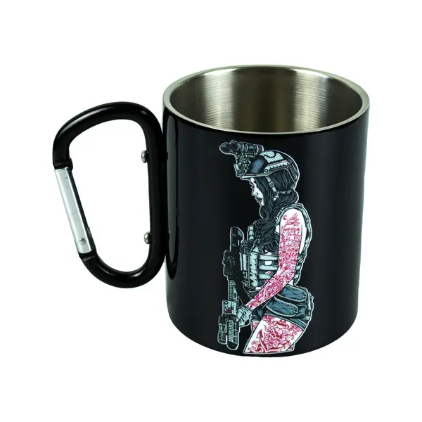 Кружка сталева з карабіном 300 мл Серія №48 з принтом чорна