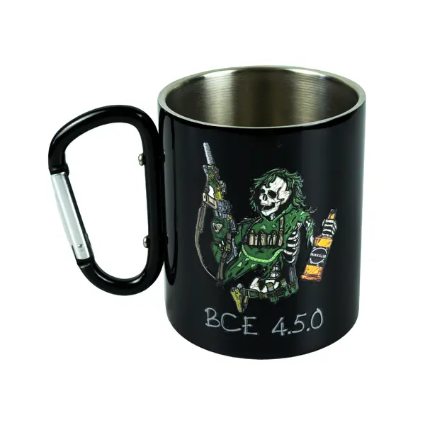 Кружка сталева з карабіном 300 мл Серія №69 з принтом чорна