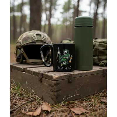 Кружка сталева з карабіном 300 мл Серія №69 з принтом чорна