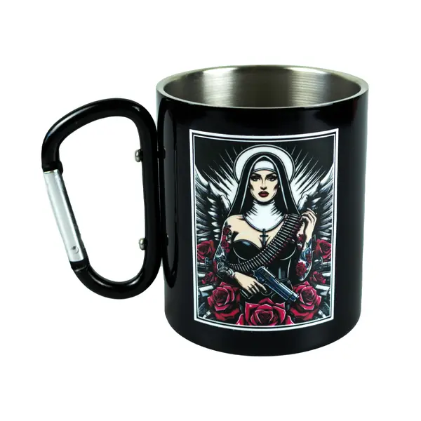 Кружка сталева з карабіном 300 мл Серія №47 з принтом чорна