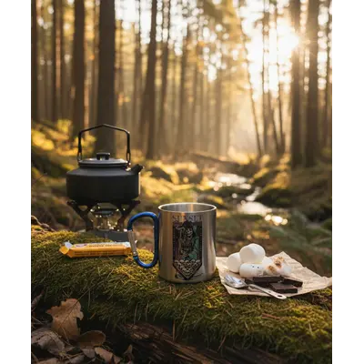 Кружка сталева з карабіном сублімація з принтом чорна