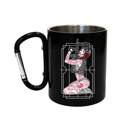 Кружка сталева з карабіном 300 мл Серія №122 з принтом чорна