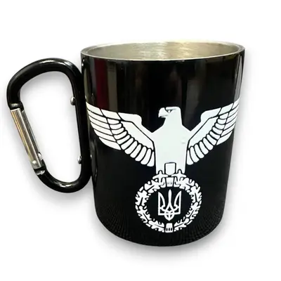 Кружка сталева з карабіном 300 мл Серія №58 з принтом чорна
