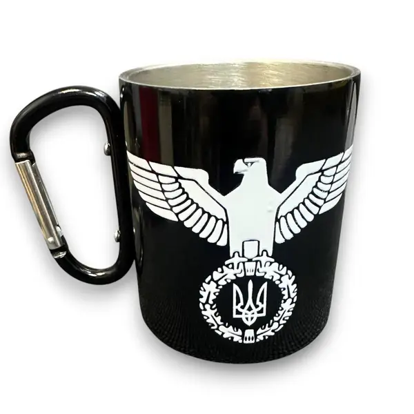 Кружка сталева з карабіном 300 мл Серія №58 з принтом чорна