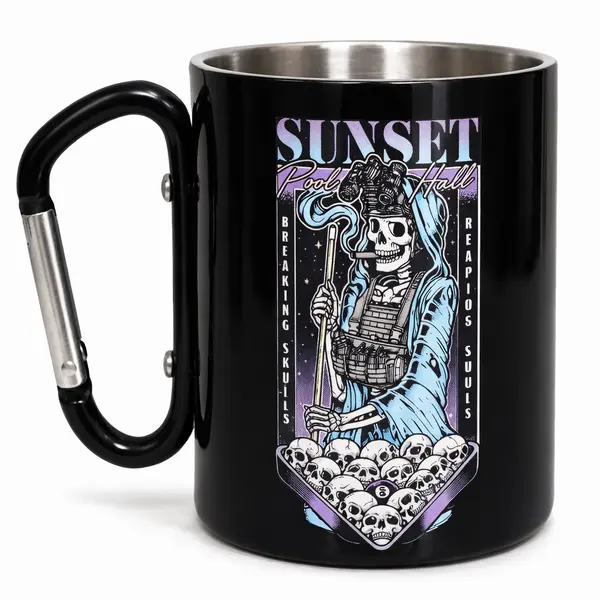 Кружка сталева з карабіном 300 мл Серія №146 з принтом чорна