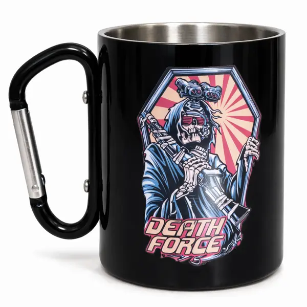 Кружка сталева з карабіном 300 мл Серія №149 з принтом чорна