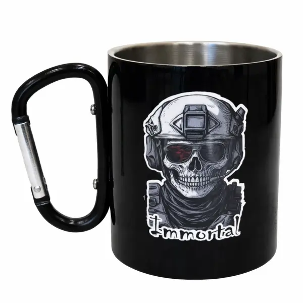 Кружка сталева з карабіном 300 мл Серія №140 з принтом чорна