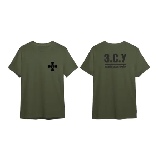 Футболка з принтом Хрест ЗСУ і на спині ЗСУ кулір хакі 46