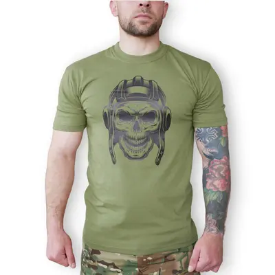 Футболка с принтом Череп танкист кулир олива 3XL (54)